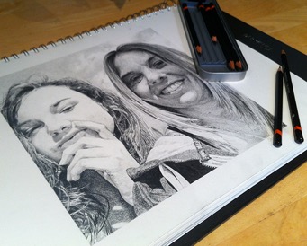 Pencil drawing of Net & Kayleigh. Get in contact to comission a portrait from Cath Sisiwick